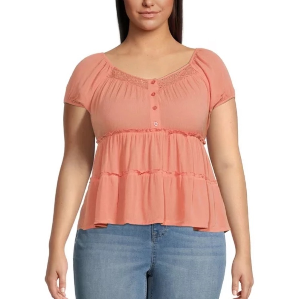 🔴 4/$15 NOBO No Boundaries Women’s XXL coral sweetheart neck babydoll ss top NWT